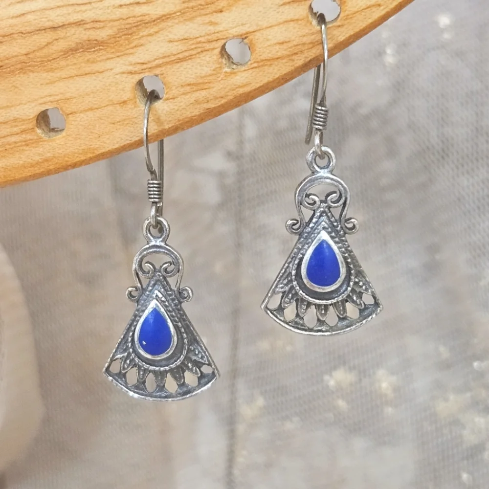 Lapis Lazuli 925 Boho Style Sterling Silver Dangle Earrings